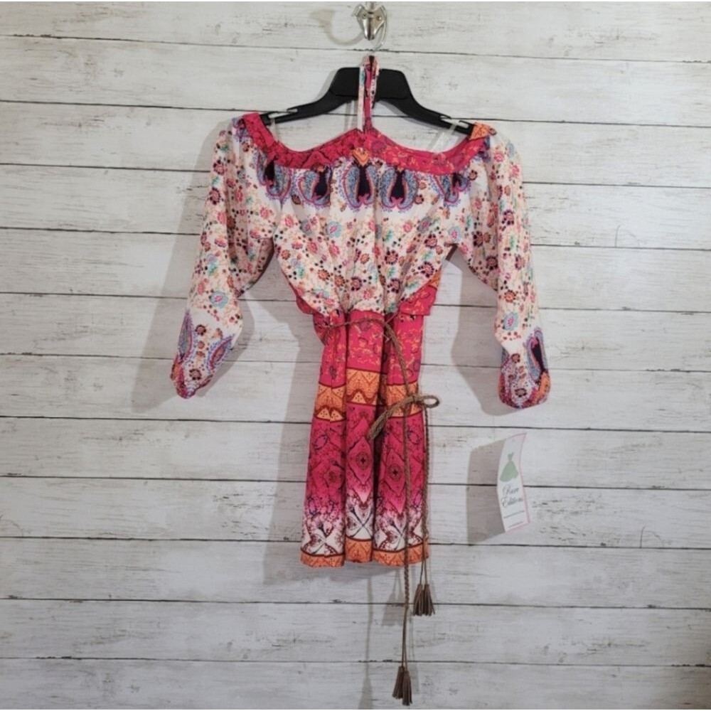 Girls Rare Editions Boho Chic Aztec Design Fuchsia Floral Cold-Shoulder‎ Dress 7